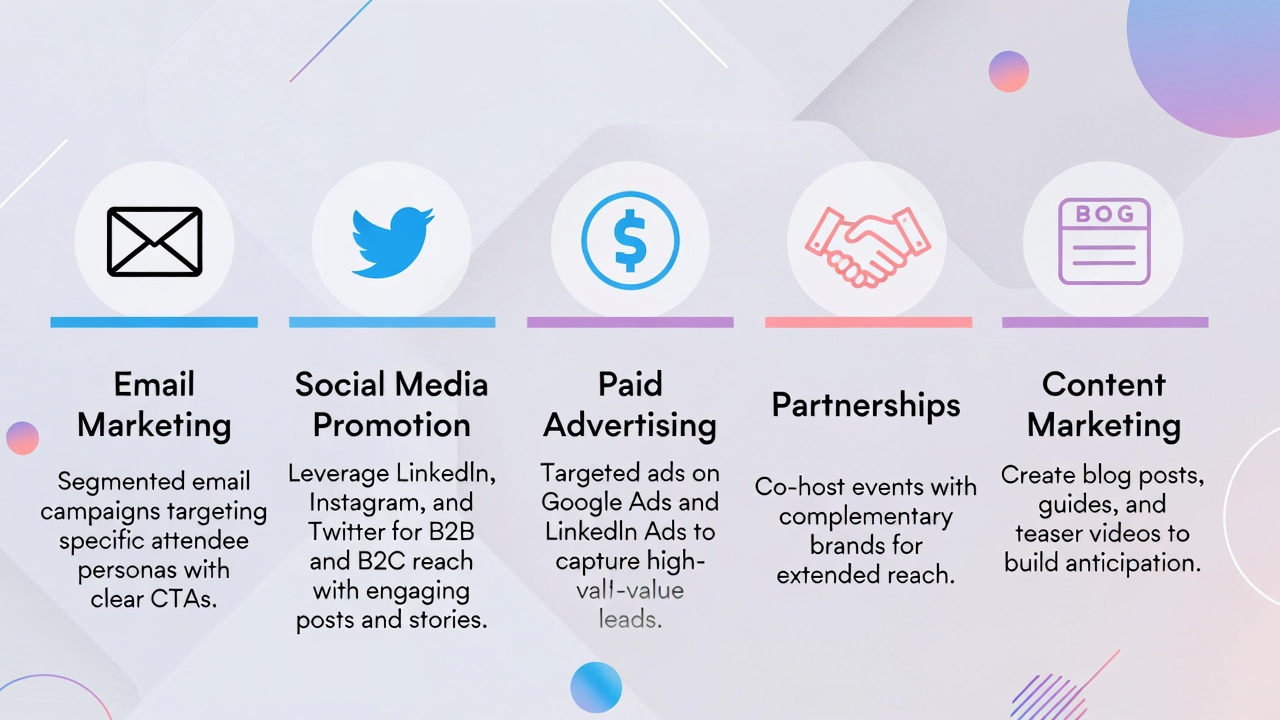 Event promotion strategies including email, social media, and content marketing