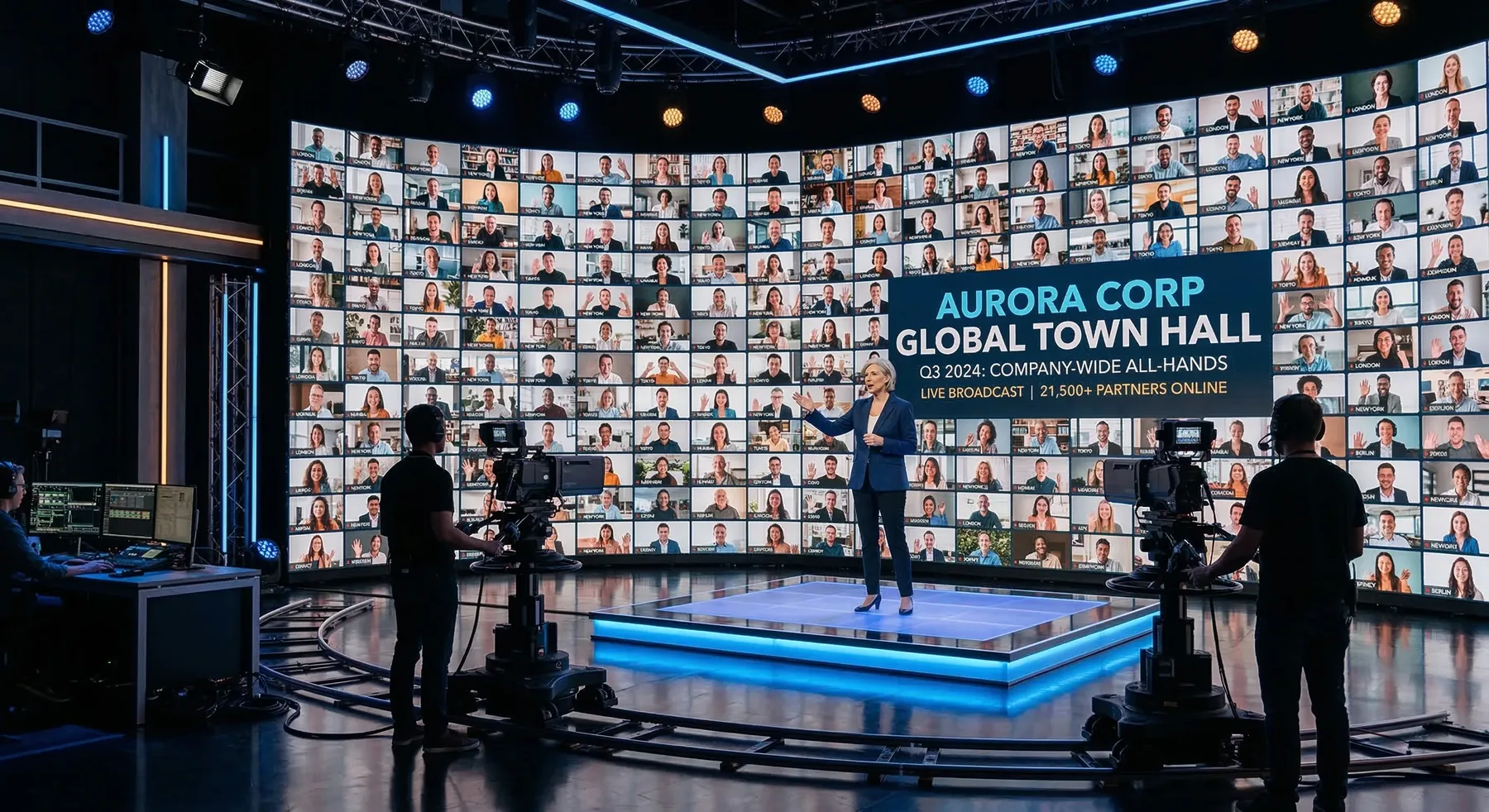 A host presenting from a broadcast studio stage in front of a video wall of remote attendees