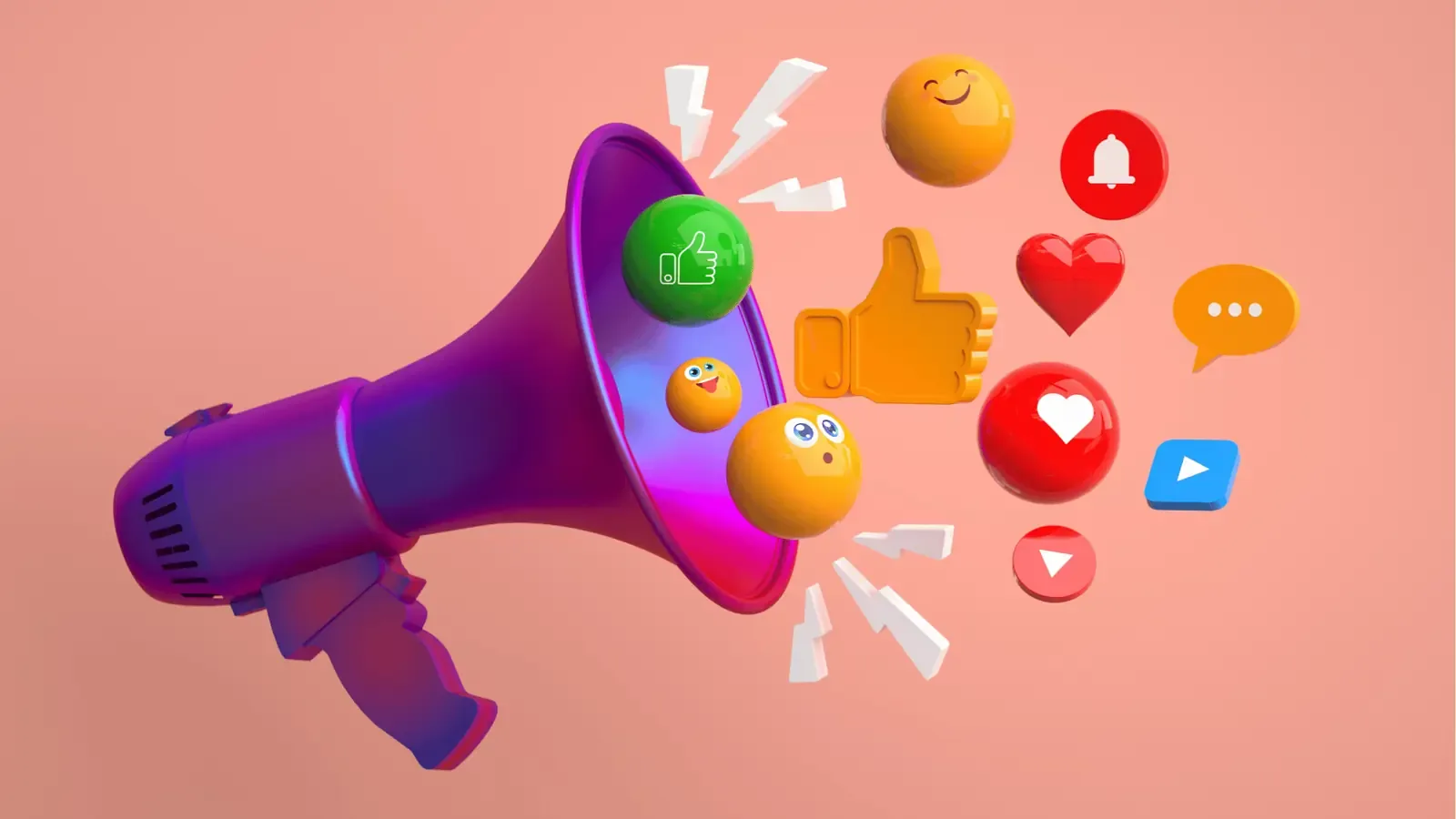 A megaphone erupting with likes, hearts, bells and comment icons